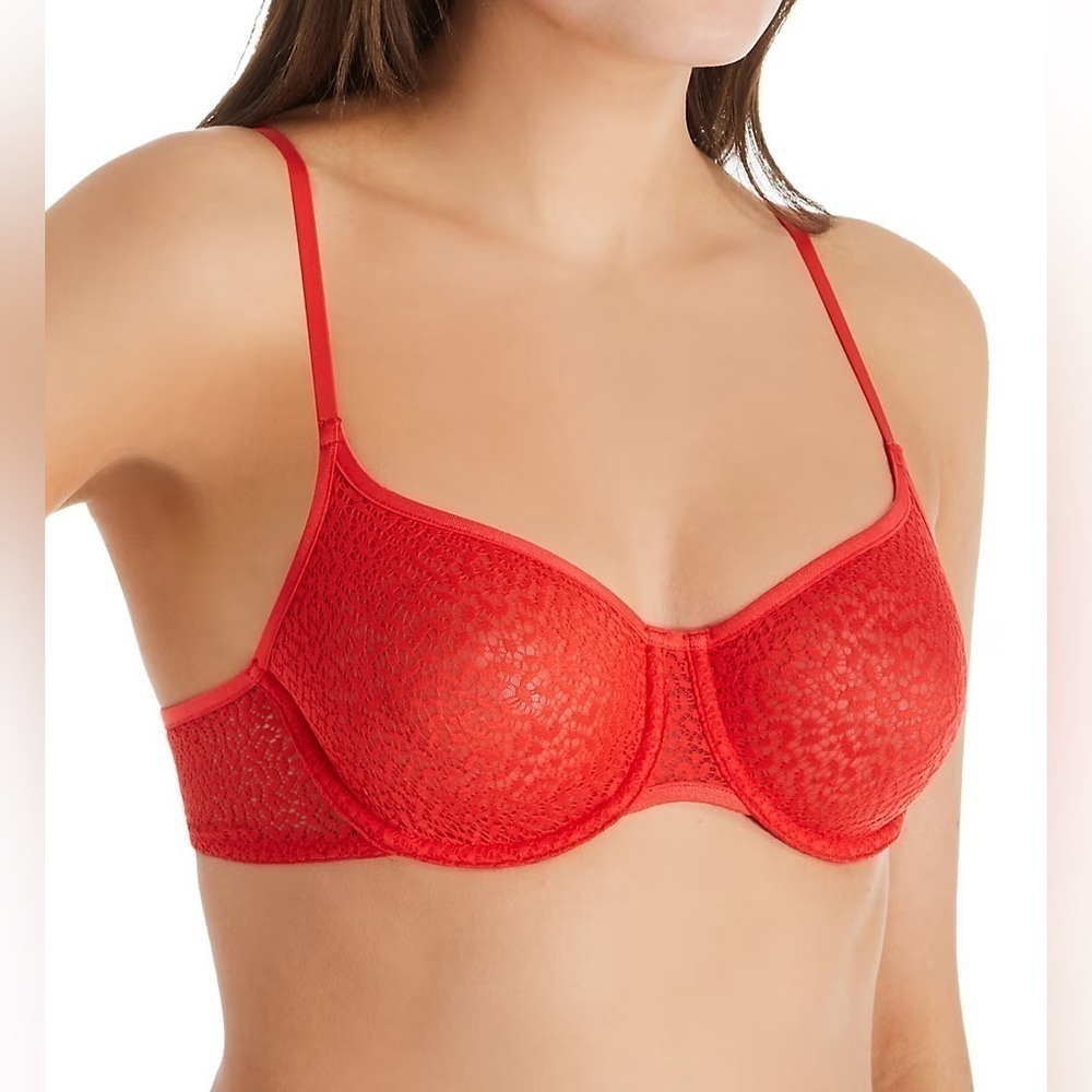 NWT DKNY Women’s Modern Lace Unlined Underwire Demi Bra Coral Pink Size 34B